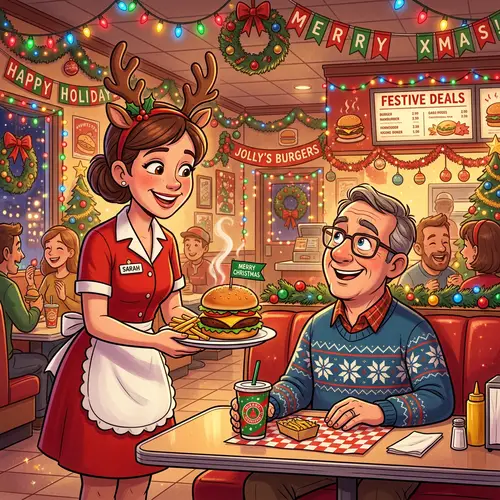 Festive Fast Food Restaurant: Colorful Christmas Decor & Heartwarming Moments