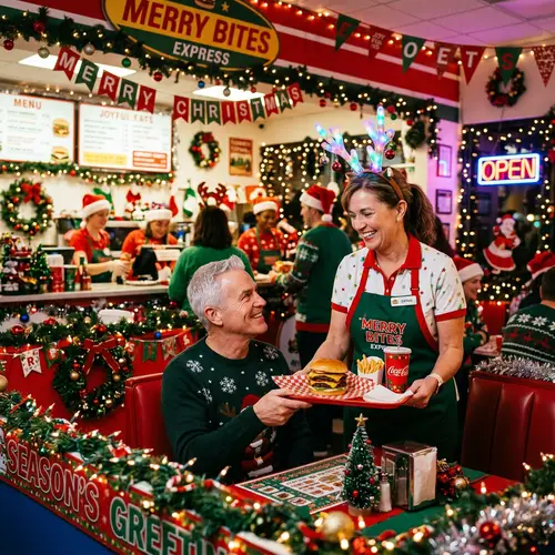 Festive Fast Food Scene with Christmas Decorations | Seasonal Delight