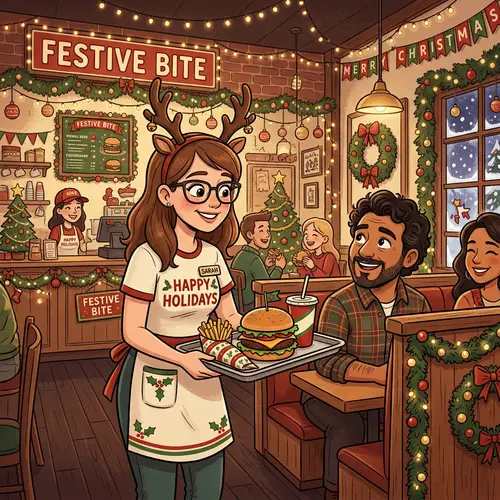 Festive Fast Food Restaurant with Christmas Decor and Friendly Service