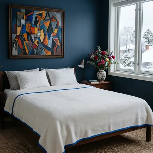 White Blanket with Thin Blue Edging on Brown Bed
