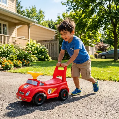 Young Hispanic Boy Pushing Red Car Outdoors