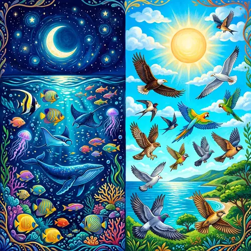 Colorful Dual Illustration: Moon, Fish & Sun, Birds