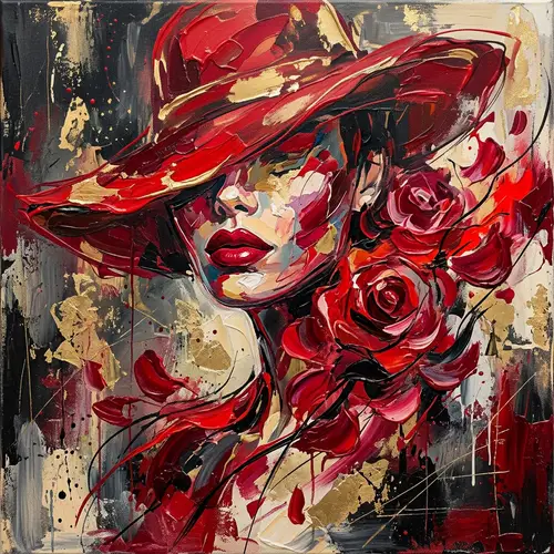 Abstract Art: Red Lips, Rose & Woman in Red Hat
