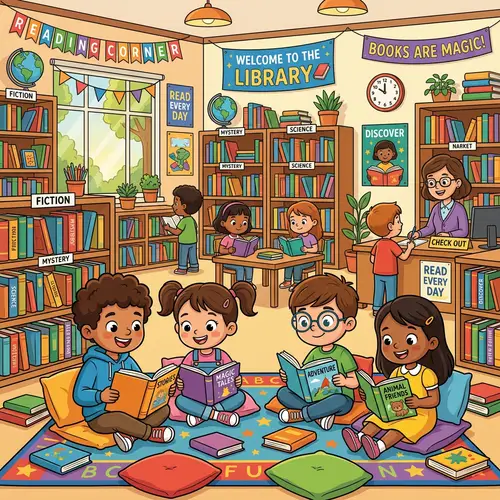 Children Reading in a Library - Cartonize Clipart
