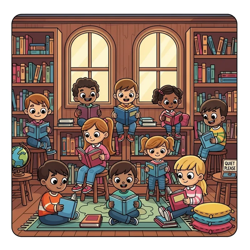 Children Reading in a Library - Cartonize Clipart