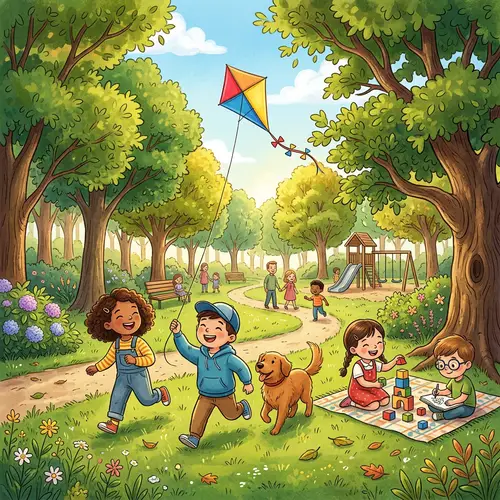 Kids Playing in a Park - Illustrated Story Scene