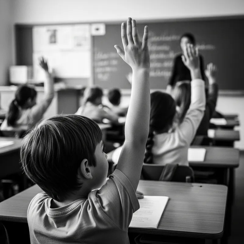 Child Raising Hand in Class - Black and White Photo