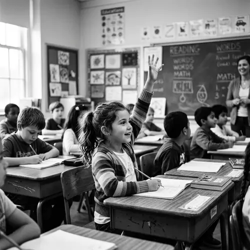 Child Raising Hand in Class - Black and White Photo