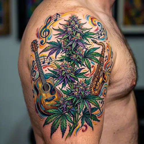 Tattoo Design: Cannabis Plant & Musical Elements in Van Gogh Style