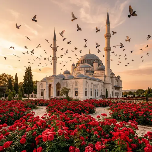 Ottoman White Mosque with Red Roses and Soaring Birds | Tranquility and Spirituality