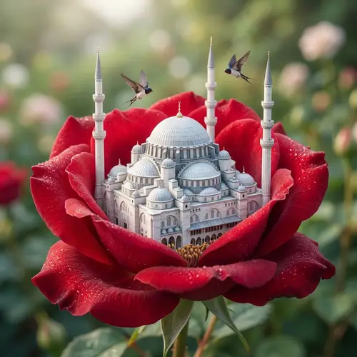 Ottoman White Mosque in Red Rose | Graceful Birds in Flight