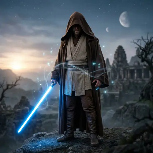 Jedi Character in Traditional Attire with a Glowing Lightsaber