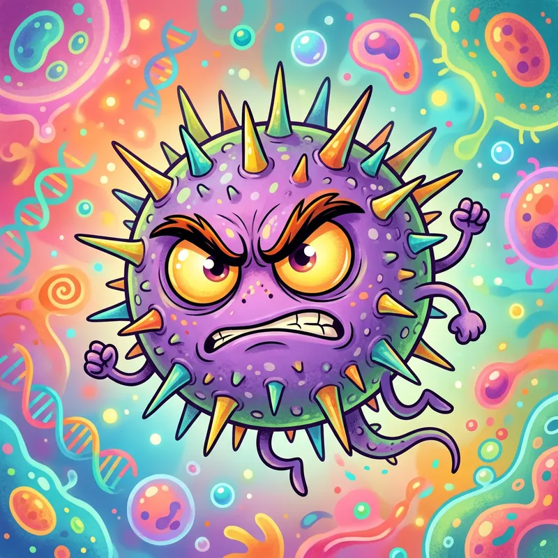 Whimsical Angry Virus Character Illustration