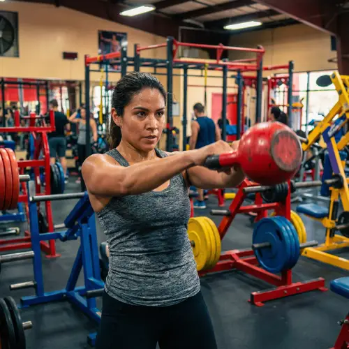 Dynamic Hispanic Woman Lifting Red Kettlebell in Vibrant Gym Shot