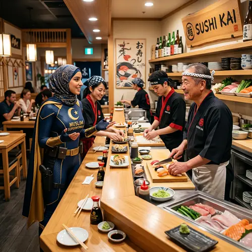 Muslim Superwoman at Sushi Restaurant