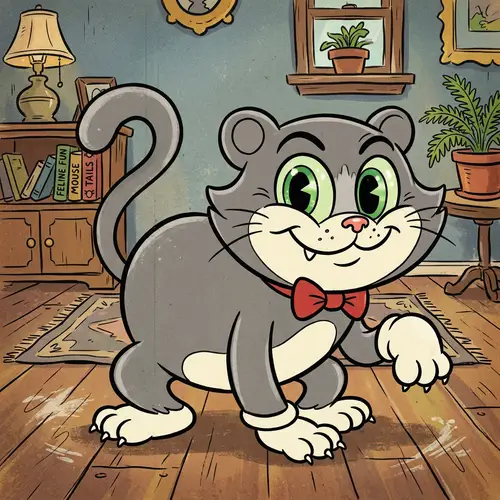 Playful Gray Cat Cartoon Illustration with Vintage Animations Features