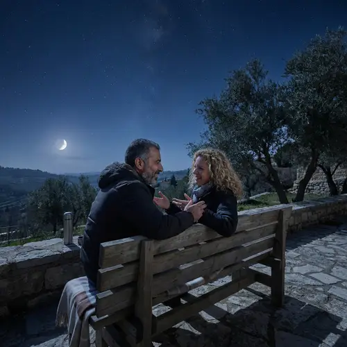 Enchanting Night Scene with Tranquil Conversation Under Silver Moon