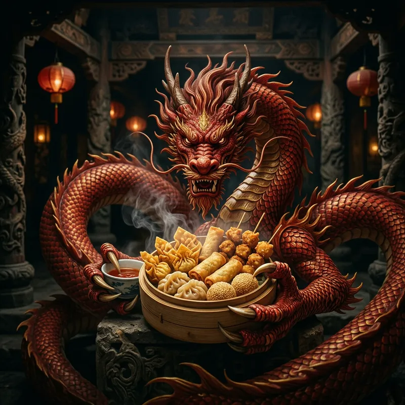 Chinese Red Dragon Holding Hot Fried Snacks in Center