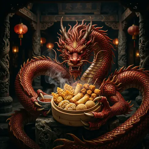 Intricate Chinese Red Dragon with Hot Fried Snacks in Dimly Lit Environment