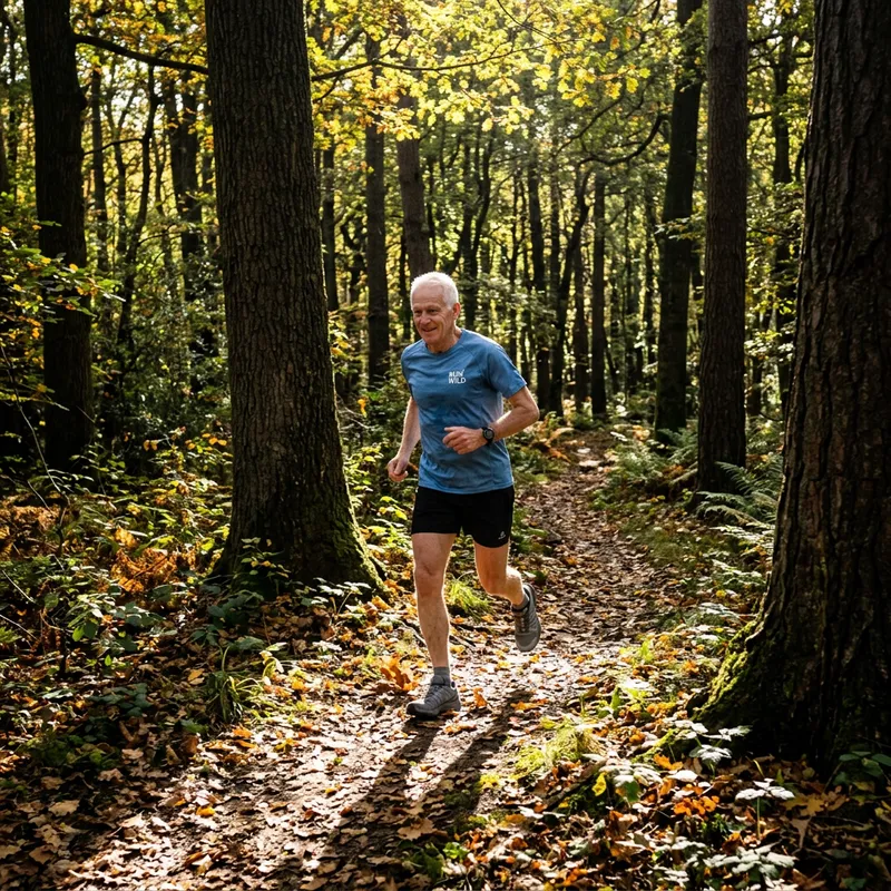 Elderly Man Running in Forest - Serenity of Nature Elderly Man Running in Forest - Serenity of Nature