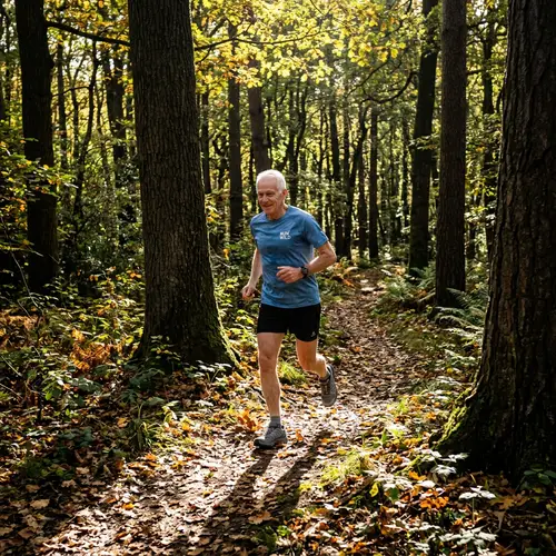 Elderly Man Jogging in Dense Forest - Vitality in Nature