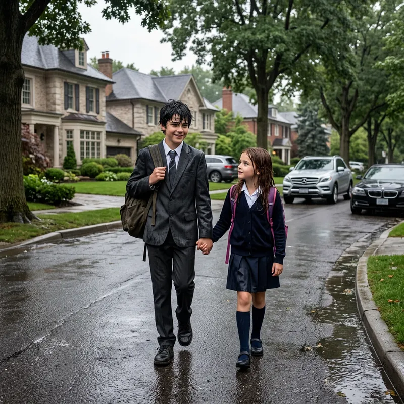 Tender Innocence: Boy & Girl in Rain Soaked Uniforms