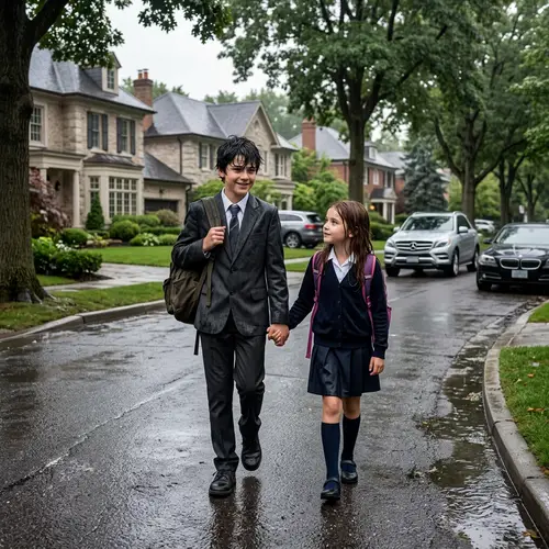 Innocent Camaraderie: Rain-Soaked Boy & Girl in Affluent Neighborhood