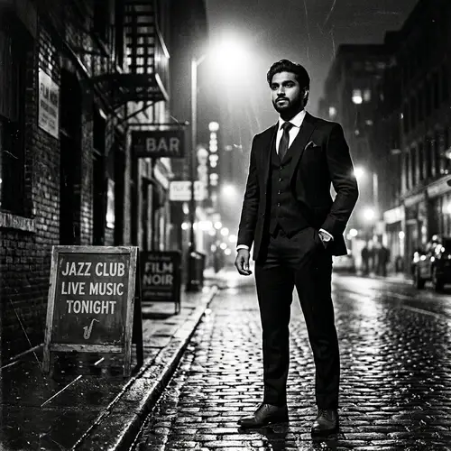 Vintage Film Noir Portrait of a Confident South Asian Young Man in Tailored Suit