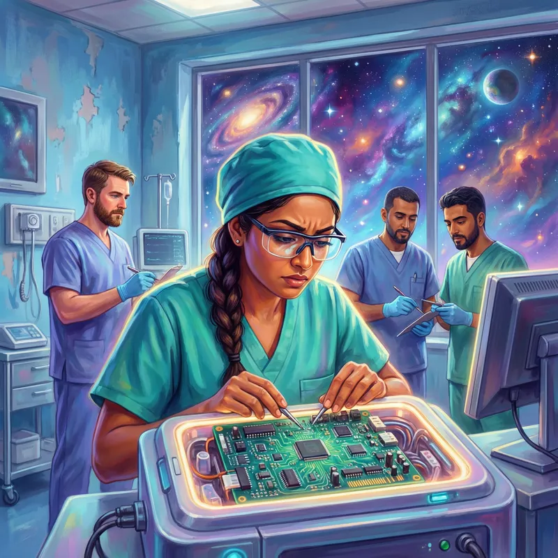 South Asian Medical Engineer Surrounded by Diverse Male Nurses - Ethereal Digital Painting