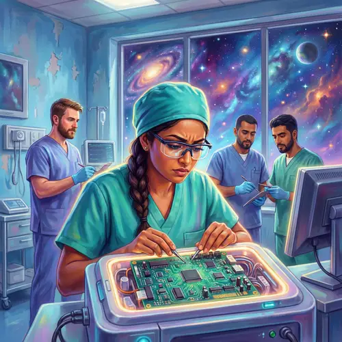 Female Medical Engineer in Government Hospital Surrounded by Male Nurses - Digital Painting