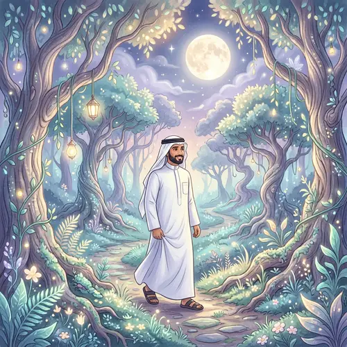 Mysterious Forest with Saudi Man - Dreamy Pastel Illustration