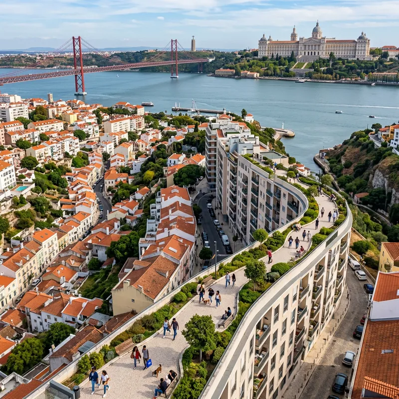 Diverse Public Space Overlooking Lisboa's Valley | Drone View