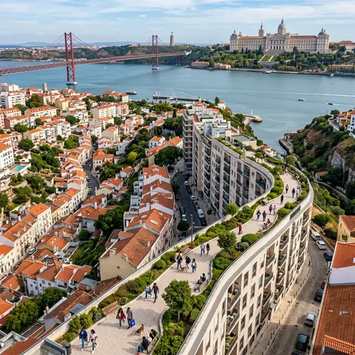 Drone View of Diverse Public Space Overlooking Valley | Lisboa Cityscape