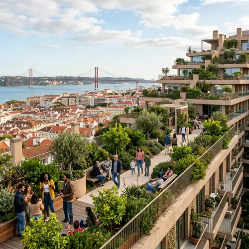 Roof Deck Apartment Complex with Lush Public Spaces and Lisbon View