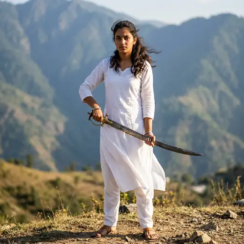 Confident South Asian Girl with Antique Sword in Mountains