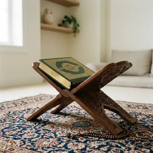 Beautifully Decorated Quran on Wooden Stand | Serenity & Reverence