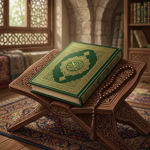 Beautifully Adorned Quran on Ornate Stand | Islamic Art