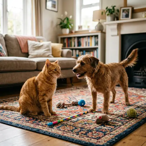 Friendly Orange Cat and Brown Dog Interaction in Cozy Room