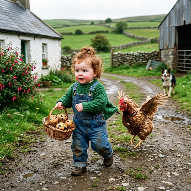 Cute Irish Baby with Muffins and a Chasing Chicken