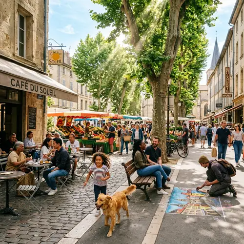 Vibrant Daily Life Scene - Community Activities in Sunlit Streets