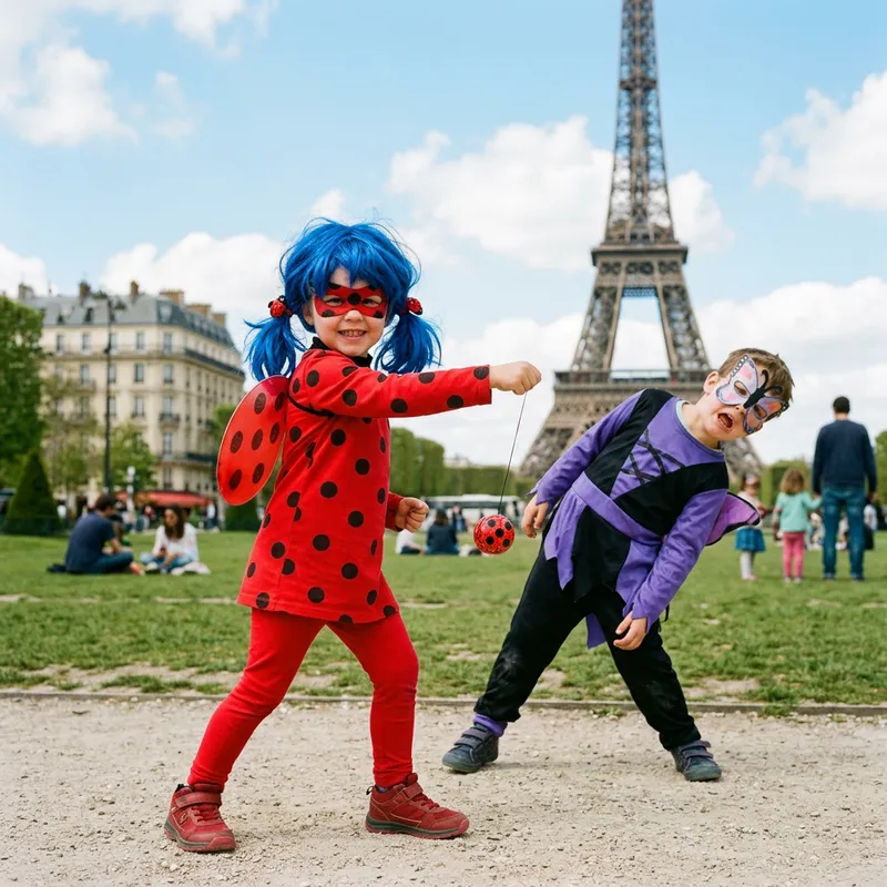 Adventurous Child in Lady Bug Costume vs. Villain at Eiffel Tower