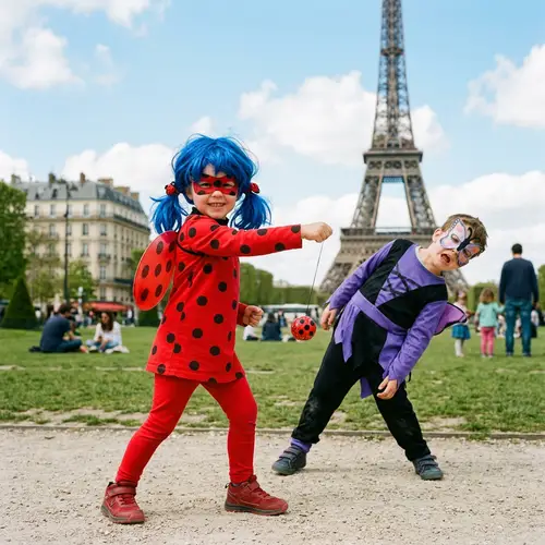 Child in Lady Bug Costume Battles Villain in Paris