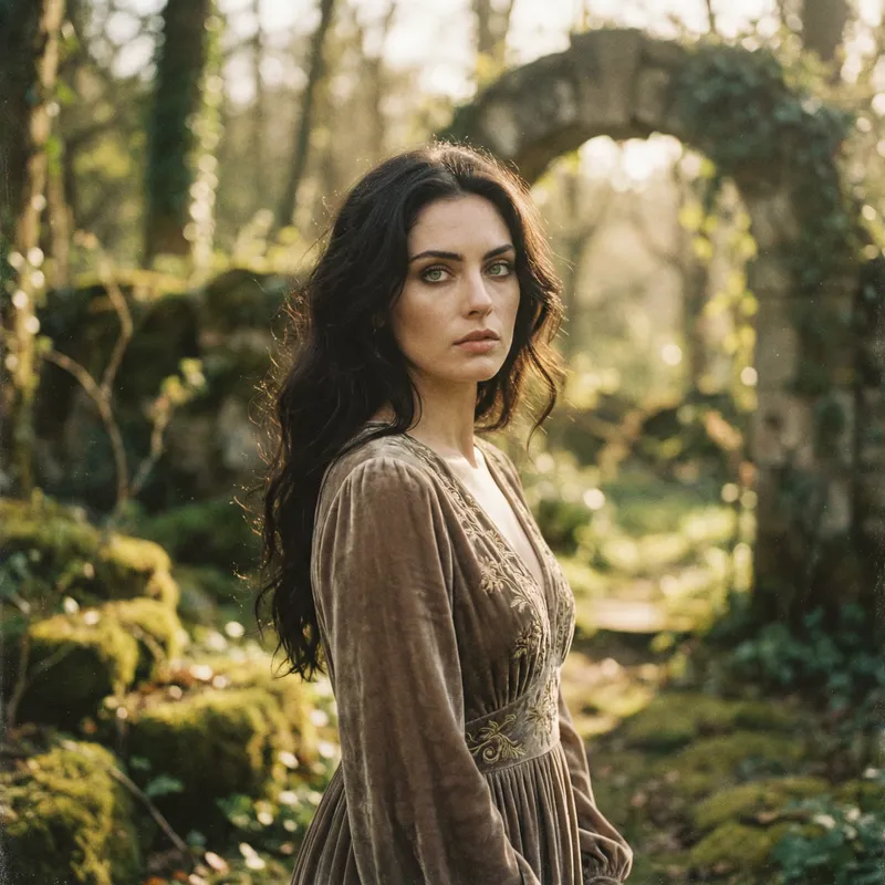 Ethereal Beauty with Striking Green Eyes in Pre-Raphaelite Style