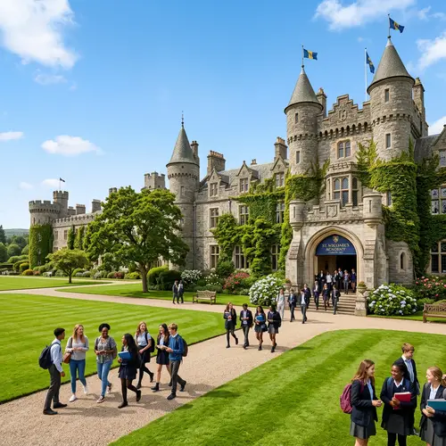 Picturesque Castle-Like School Building with Vibrant Student Life