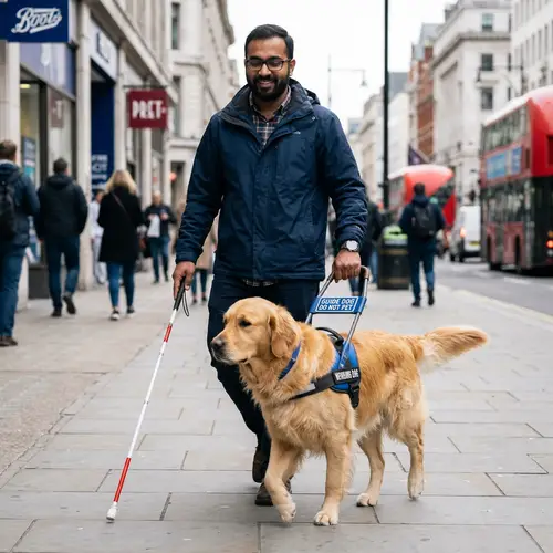 Trained Golden Retriever Guide Dog Assistance | South Asian Male