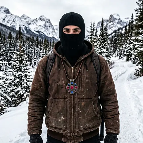 Man Wearing Black Ski Mask and Brown Jacket with Red and Blue Jewels