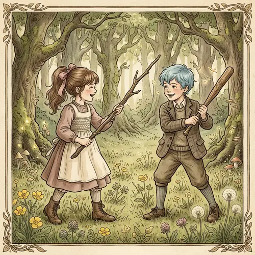 Enchanting Duel in Meadow: Cute Girl and Boy with Magical Hair