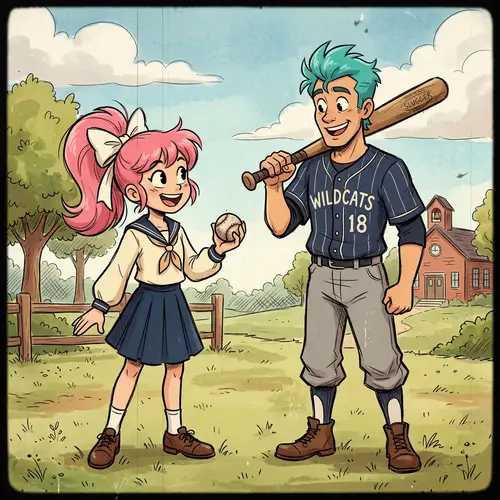 Pink Hair Ponytail Girl & Turquoise Hair Man with Baseball Bat
