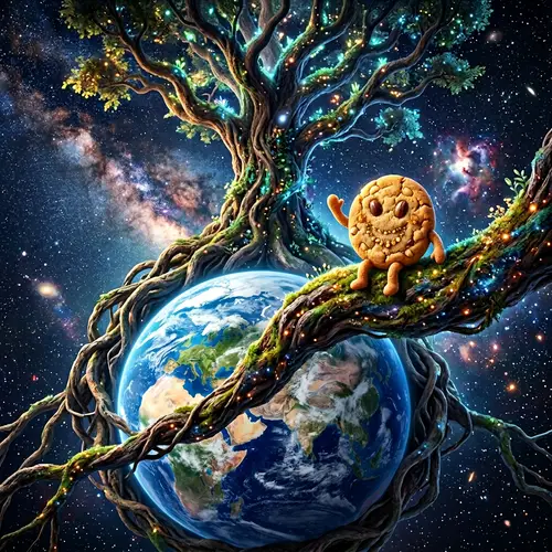Gargantuan Tree Embraces Earth with Anthropomorphic Peanut Cookie