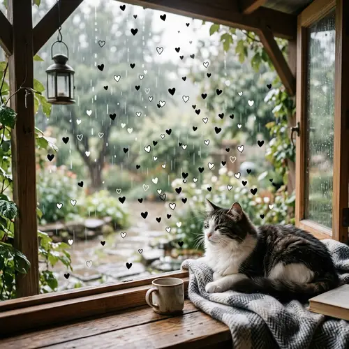 Tranquil Black and White Hearts Rain Pattern with Content Cat